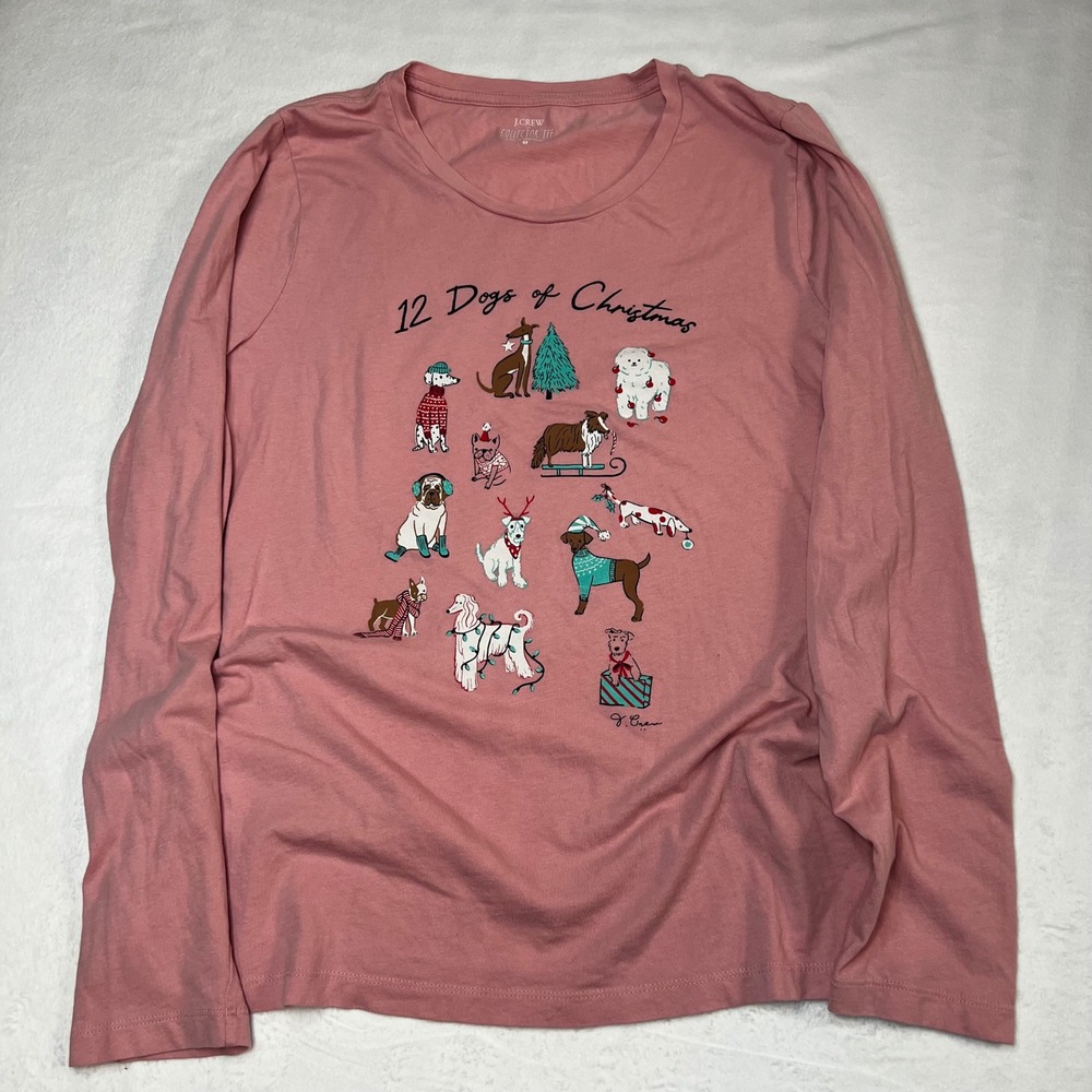 J. Crew Collector Tee 12 Dogs of Christmas Long Sleeve Graphic T-Shirt Pink M